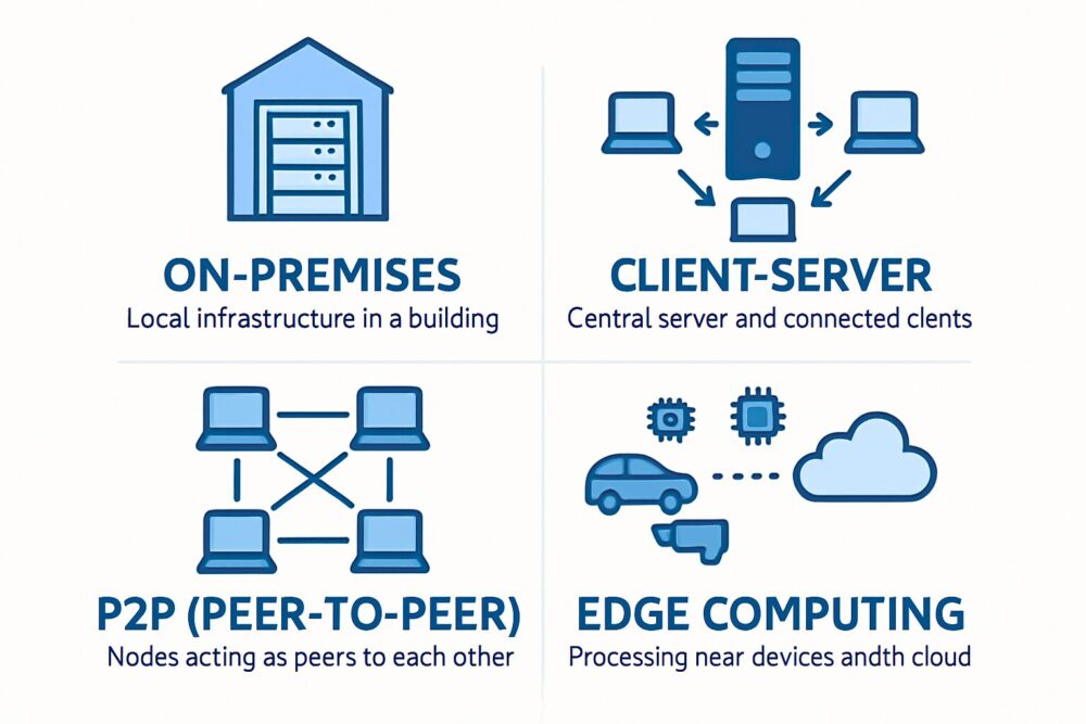 オンプレミス・クライアントサーバー・P2P・エッジコンピューティングの4つのネットワーク構造を比較した図