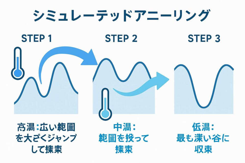 シミュレーテッドアニーリングの3段階の探索プロセスを温度変化とともに示した図解